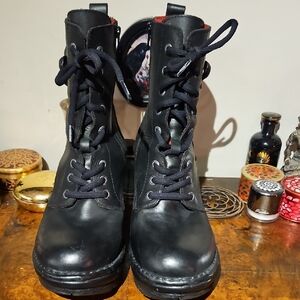 New Rock Black Lace-Up Boots With Fleur De Lys Detail